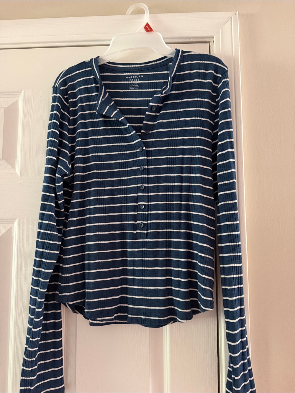 American Eagle Outfitters Navy & White Striped Ribbed Henley Long-Sleeve Top
